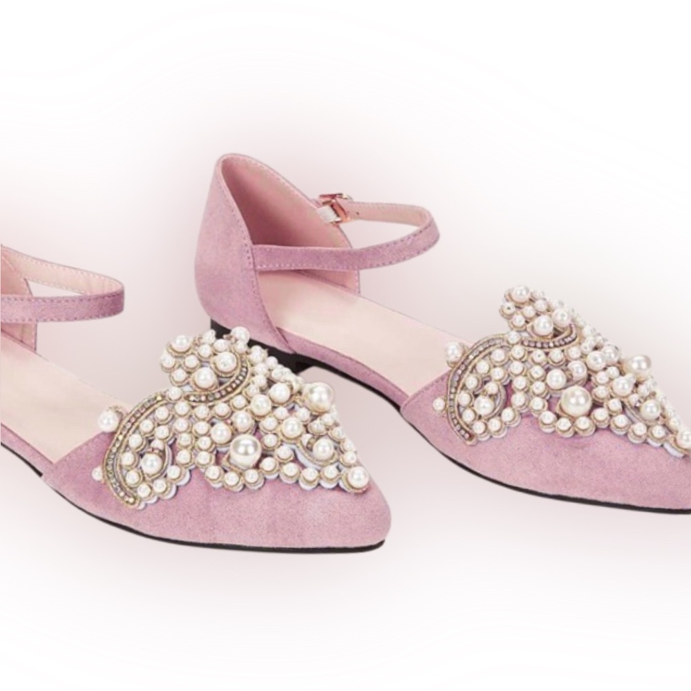 SUEDE SHOES Pearl Embellished Pink Flats Almond Toe Open Sides Womens SZ 7.5-8